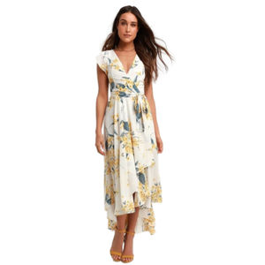 LULUS French Countryside Yellow & White Floral Print High-Low Dress Size XS NWT